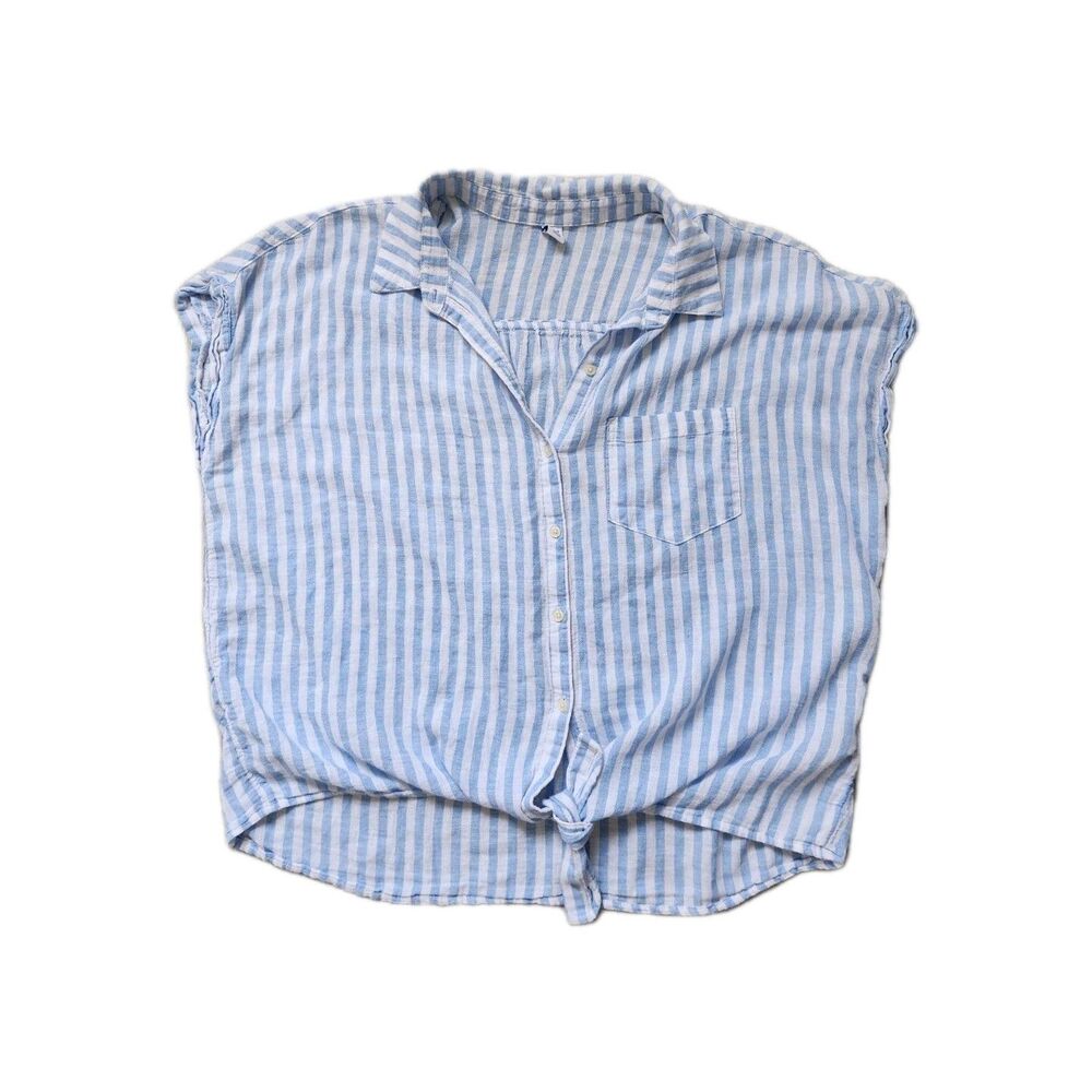 Old Navy Blue White Stripe Linen Blend Tie Front Top XL Relaxed Button Up EUC
